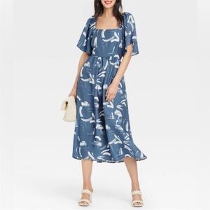 A New Day - Blue Floral Tie Back Flutter Sleeve Midi Dress - Size M